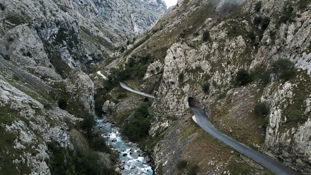 Drone Sweep of Valley Road in the Northern Mountains of Covadonga, Spain