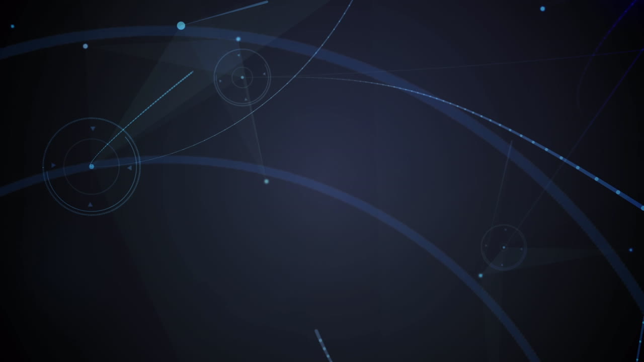 Animation of network of connections and light trails over lines on black background