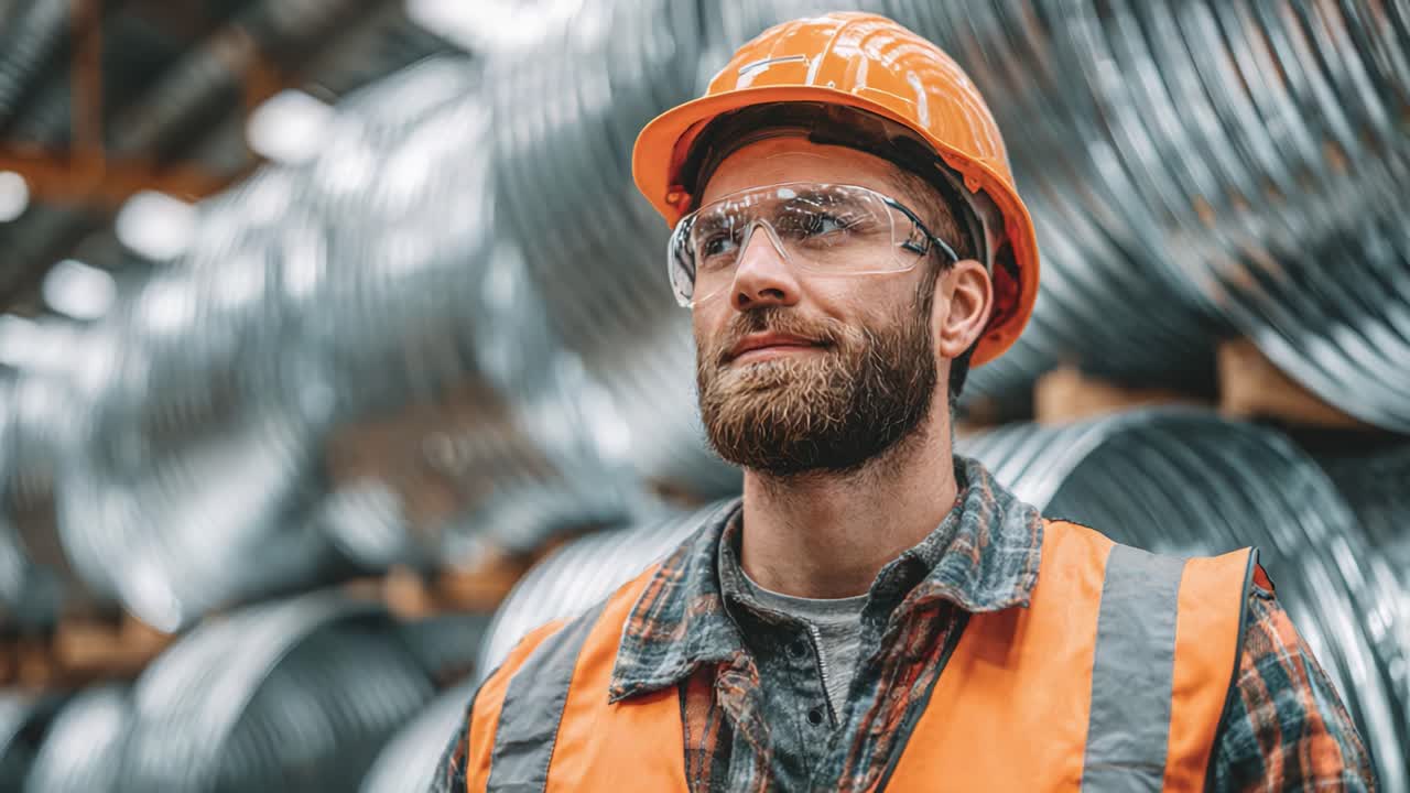 Safety and Focus: A Dedicated Worker in a Warehouse Environment Wearing Protective Gear and Surveying the Surroundings While Surrounded by Coiled Materials