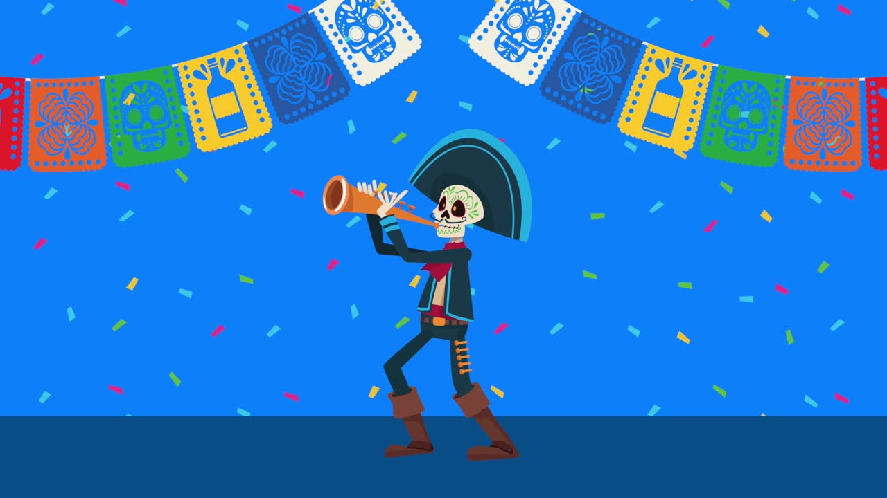 마리아치 두개골이 트럼과 장미를 연주하는 디아 데 로스 모데스 축제