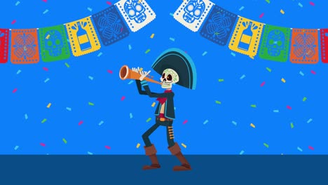 celebración del dia de los muertos con cráneo de mariachi tocando trompeta y guirnaldas