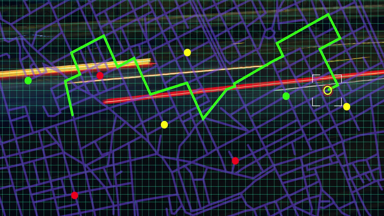 efecto de fallo sobre el esquema de líneas del mapa de navegación contra el tráfico nocturno de la ciudad