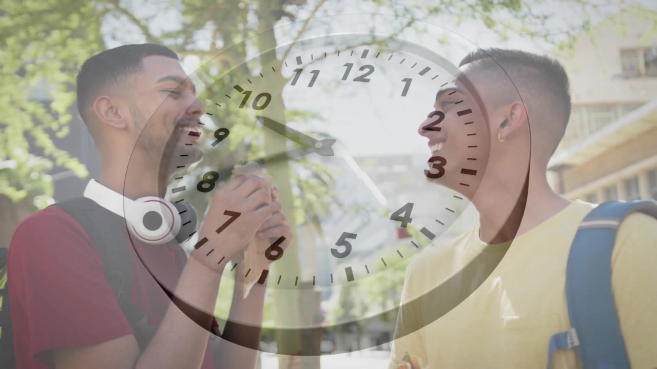 two friends unwrapping snack on sunny sidewalk while overlay clock advancing for food marketing