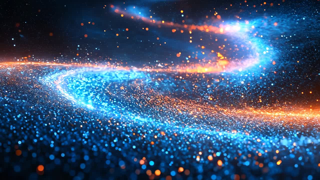 A blue and orange spiral of light with many small dots. The blue and orange colors are bright and vibrant, creating a sense of energy and excitement