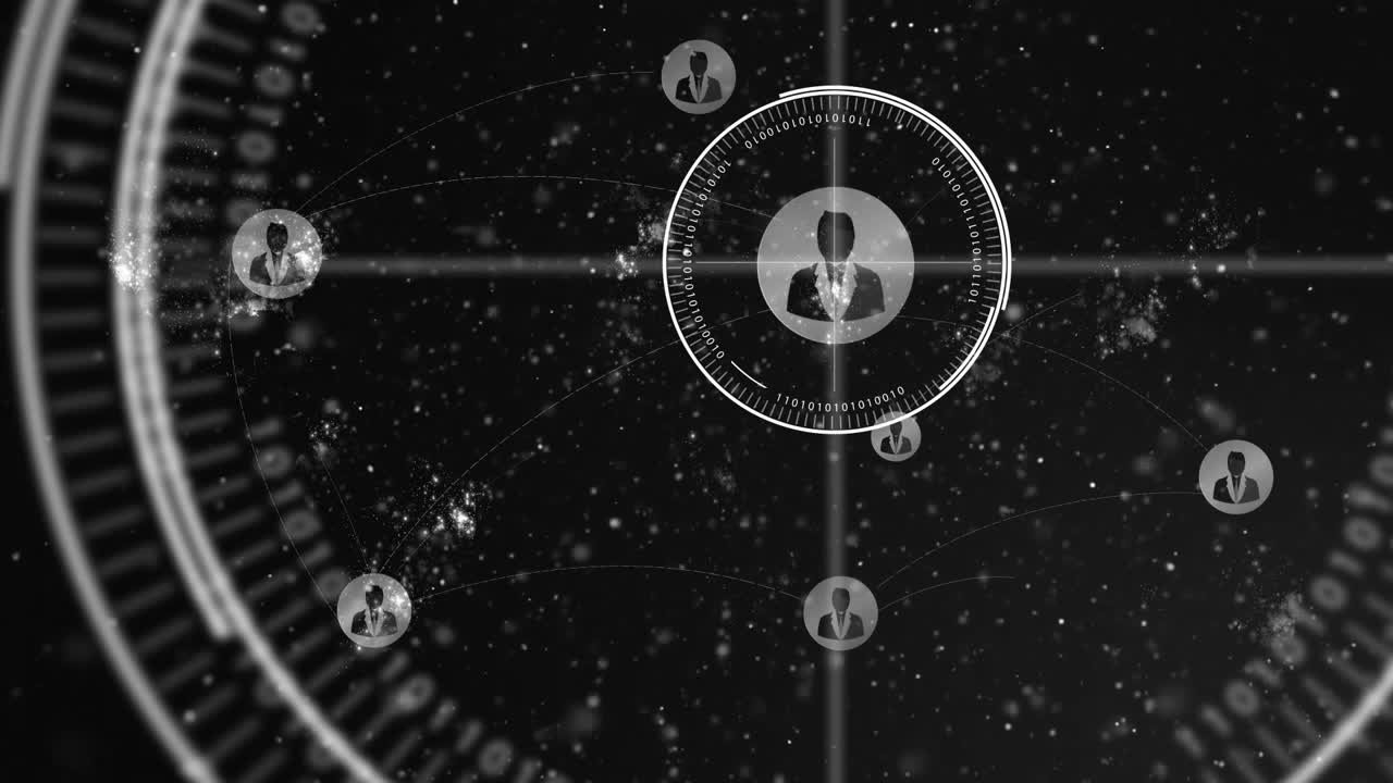 Animazione di icone ed elaborazione dati su un globo su sfondo nero