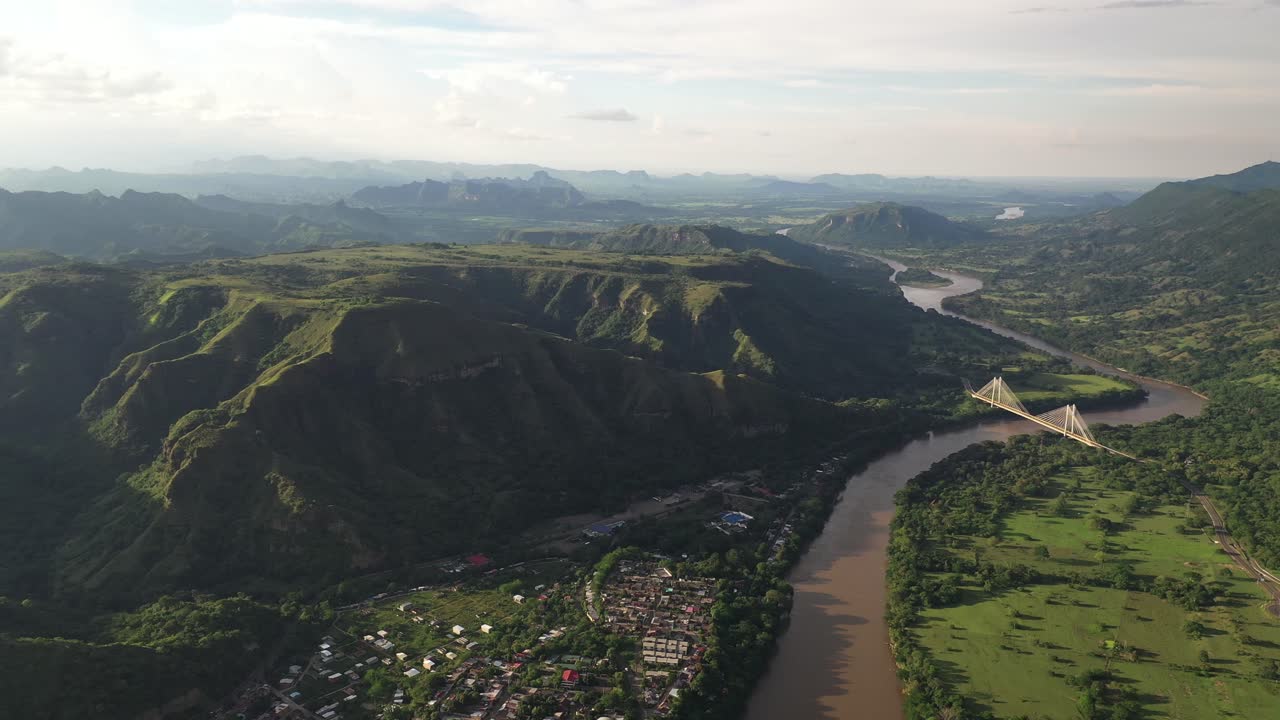 Aerial View of a River Valley and Mountain Landscape