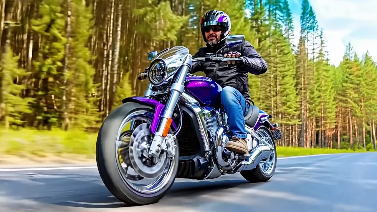 숲 속 의 도로 를 따라 보라색 오토바이 를 타고 있는 사람