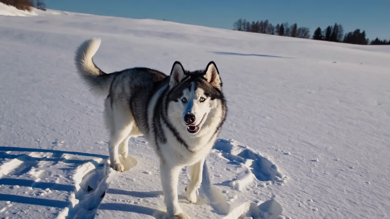 Close-up of a husky with striking blue eyes in a snowy landscape, captured from a low-angle