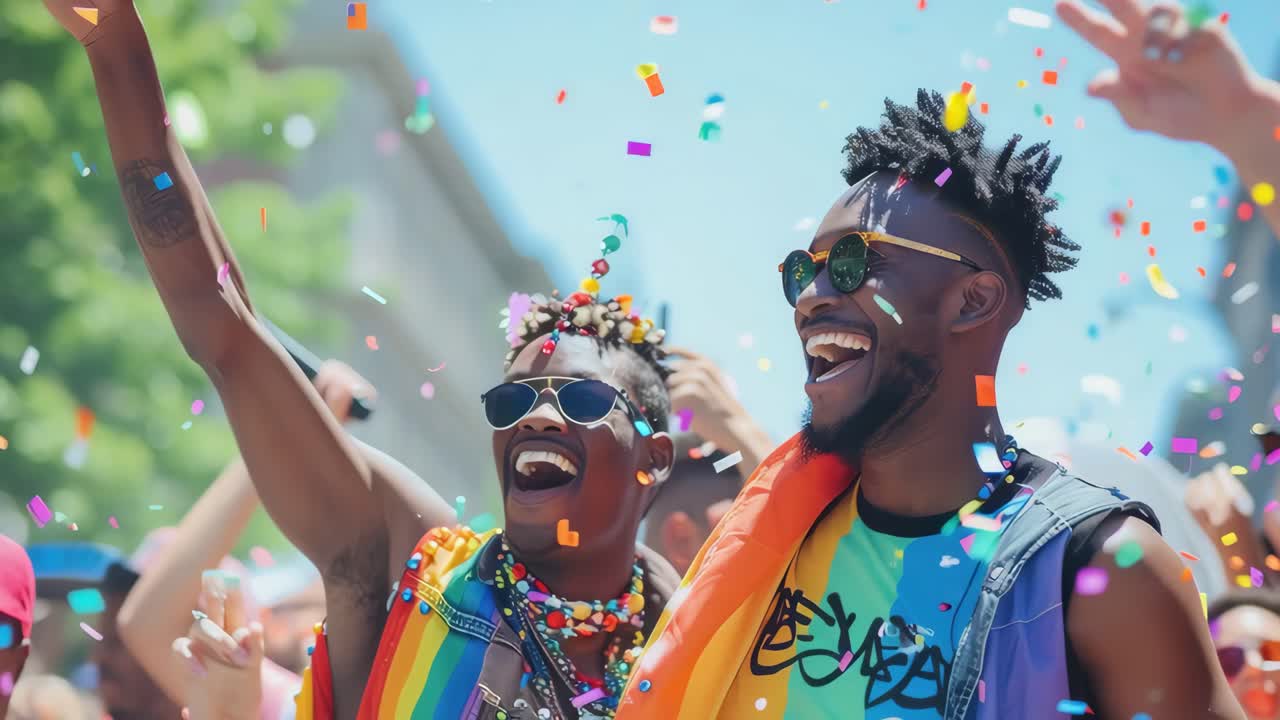 Vibrant video still of a joyful celebration with confetti, featuring two smiling individuals