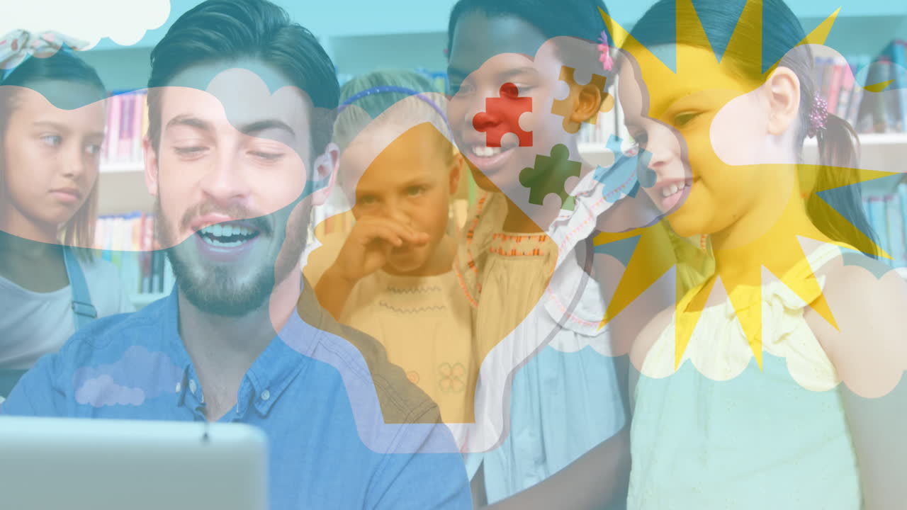 퍼즐 조각과 구름의 애니메이션 다양한 학교 아이들과 태블릿을 사용하는 교사