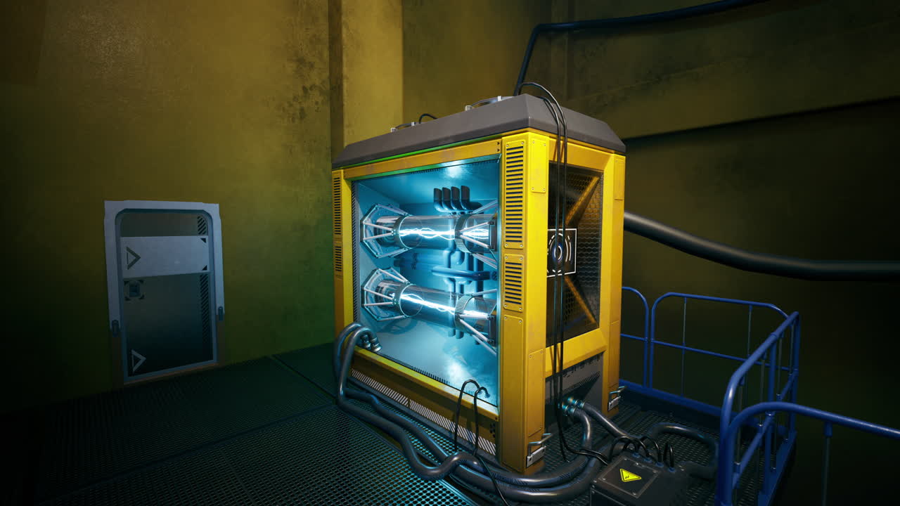 Brightly lit yellow machine in a dark industrial setting with blue lighting