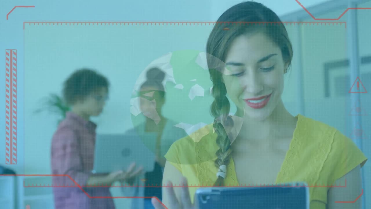 animación del globo y procesamiento de datos sobre una mujer de negocios usando una tableta