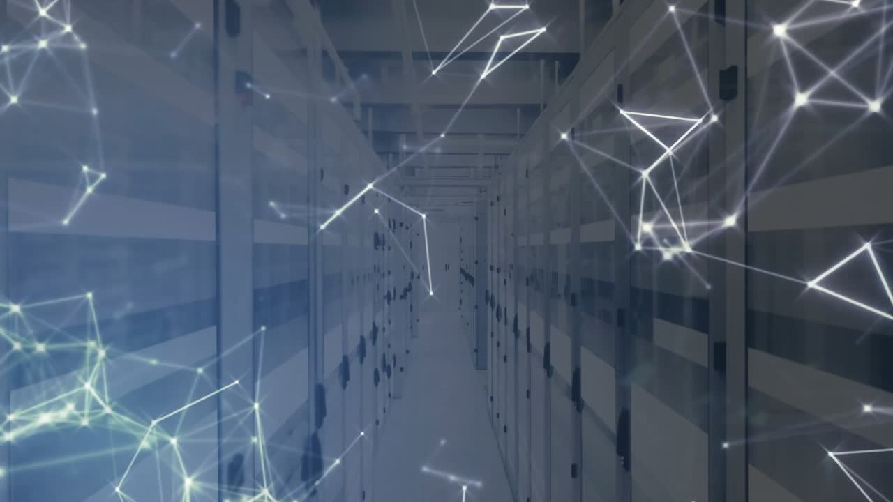 At start overlay showing glowing network nodes drifting over server aisle pulsing to show data flow