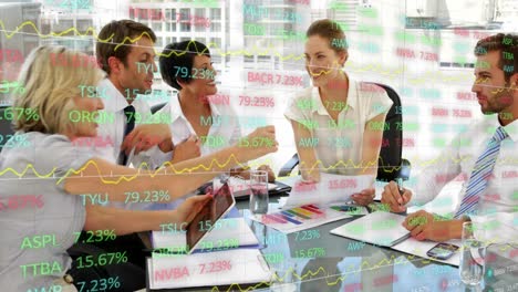 animation of financial data processing over diverse business people