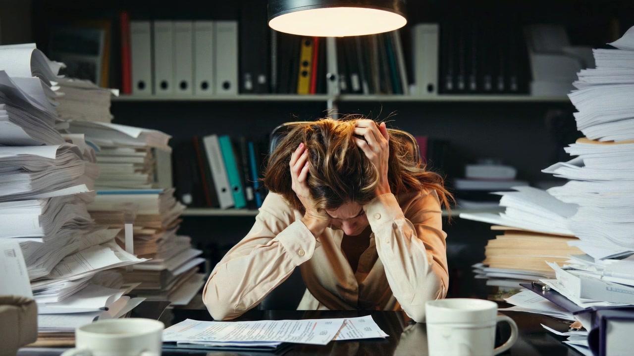 Stressed Woman Overwhelmed by Excessive Paperwork in Office