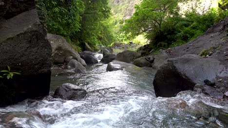 close up of mountain river flowing pass boulders in a tropical rain forest