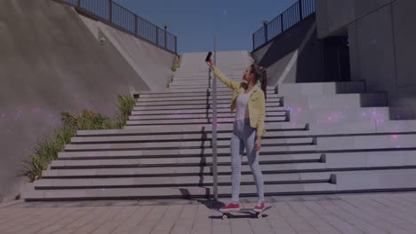 female skateboarder capturing selfie outdoors, syncing floating tech data graph and like icons