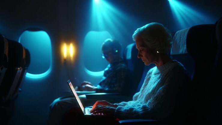Un tranquillo viaggio tra i cieli: una donna anziana assorta nel suo portatile, circondata da una soffusa illuminazione blu su un aereo, mentre un altro passeggero si gode la musica in sottofondo