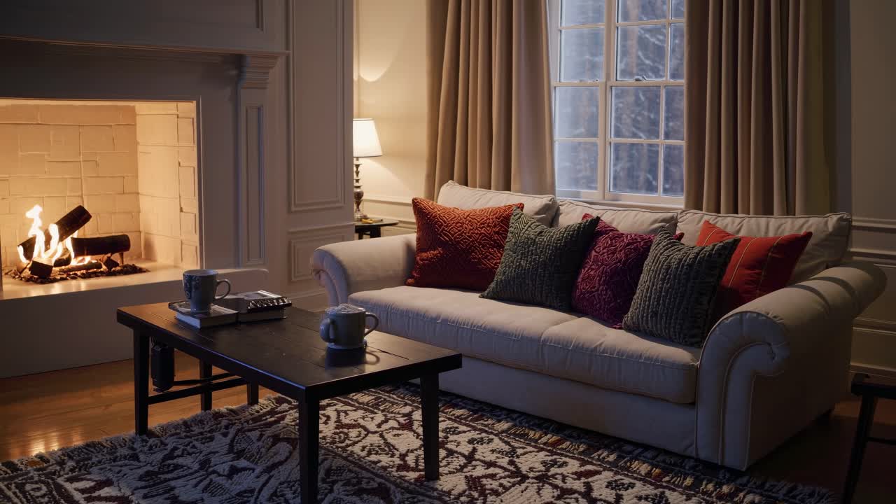 Cozy living room with a warm fireplace, plush sofa, and soft lighting