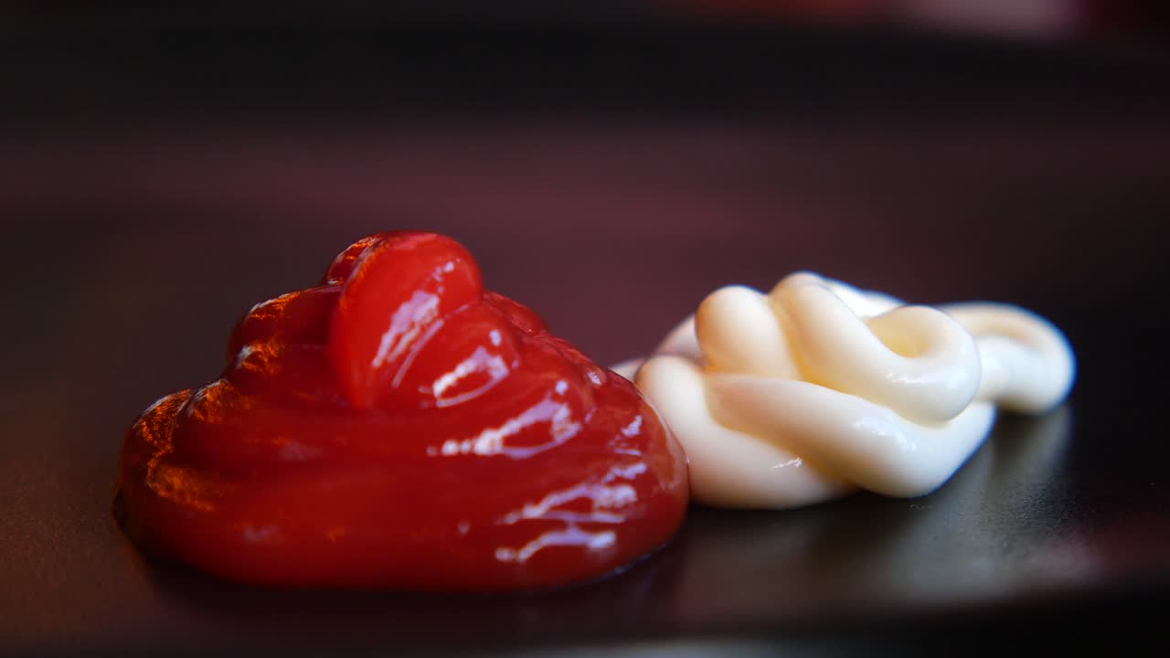 Ketchup and mayonnaise on a black plate