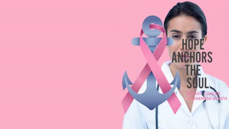 Animación-Del-Texto-De-Concientización-Sobre-El-Cáncer-De-Mama-Sobre-Una-Doctora-Birracial-Sonriente-Sobre-Fondo-Rosa