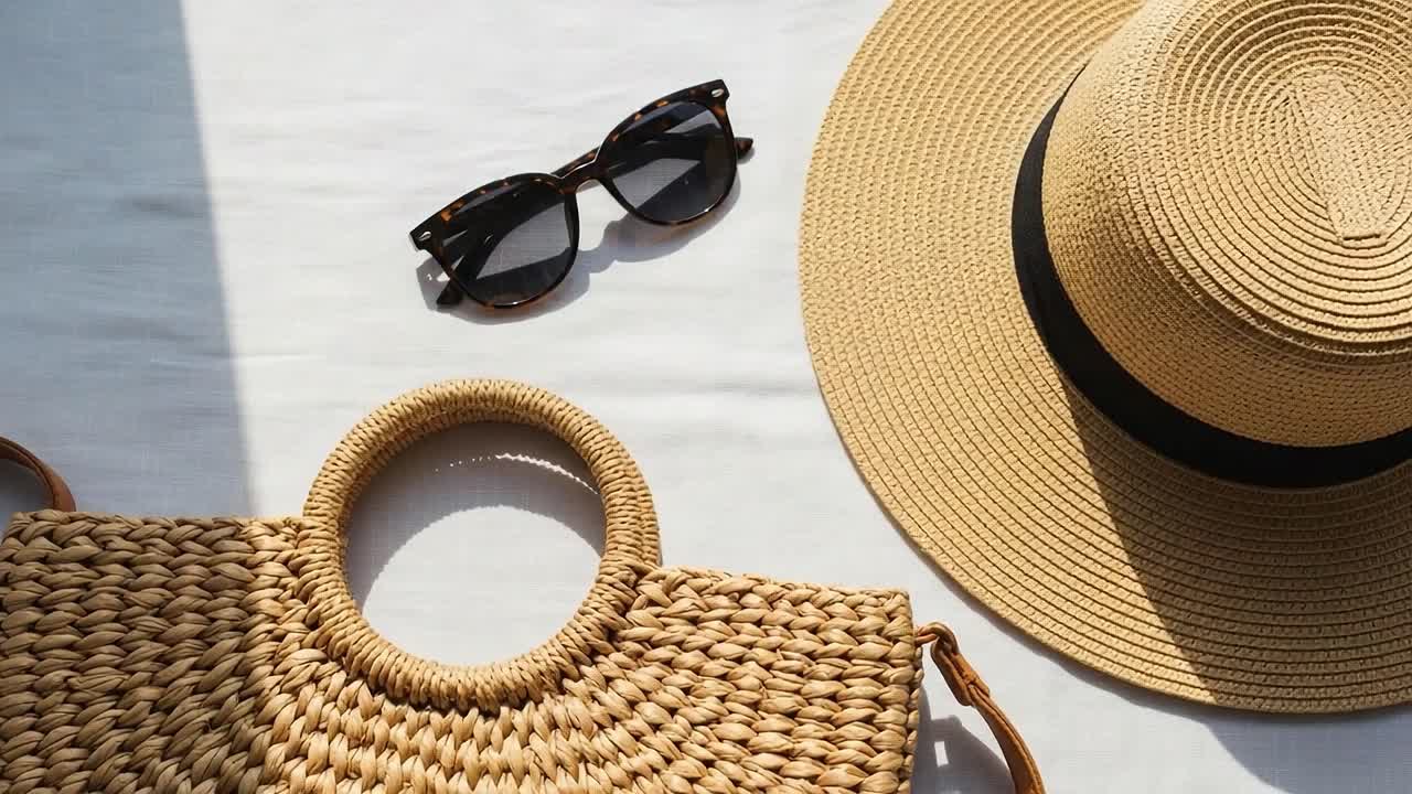 Stylish Summer Accessories: A Fashionable Straw Hat, Chic Sunglasses, and a Woven Bag Perfect for Your Beach Outing or Casual Outdoor Adventure