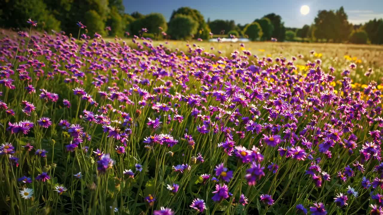 Um vídeo em ângulo baixo captura um prado vibrante de flores silvestres sob um céu azul claro.
