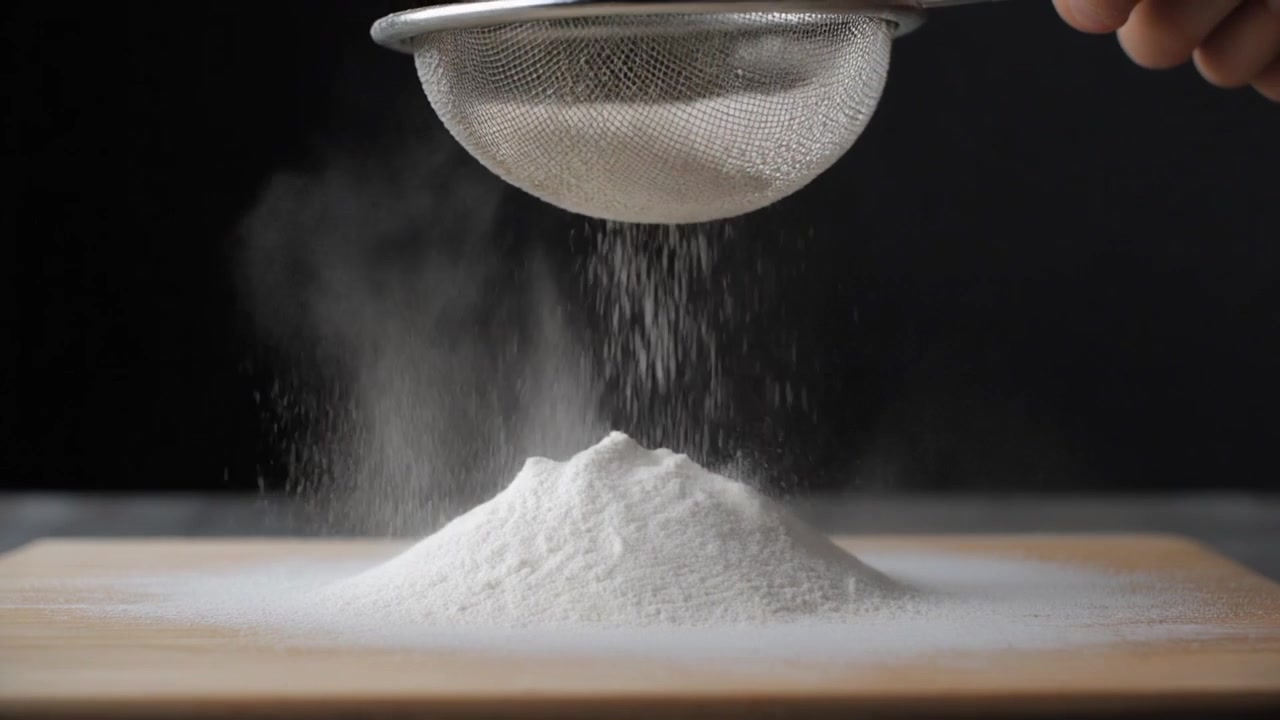 Tamizando harina blanca sobre una tabla de cortar de madera