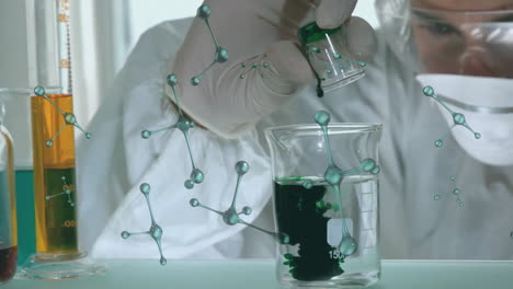 animation of molecules over caucasian male scientist doing experiment in lab