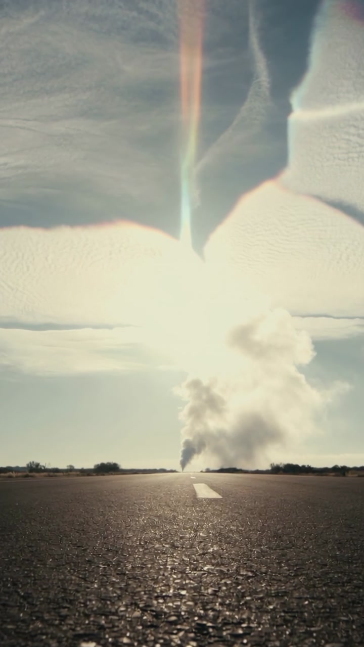 Vertical video: Rising smoke column growing on horizon along road, small source emitting plume