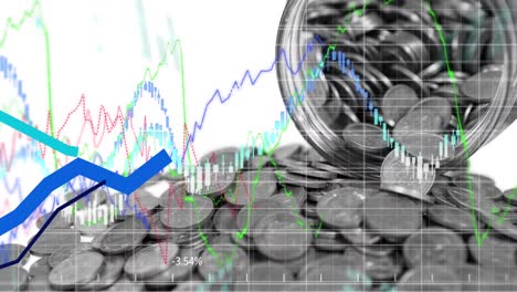 animation of financial data processing over jar with silver coins