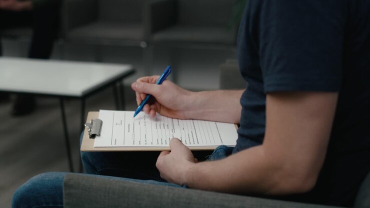 Unrecognizable man sitting in waiting room and filling some documents