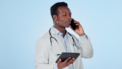 black man, doctor and phone call with tablet