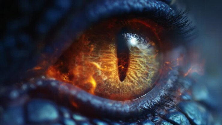 A mesmerizing fantasy creature's eye, showcasing a blend of fiery orange and intricate details against a textured dark blue backdrop, capturing the essence of mythical beings and their enchanting allure