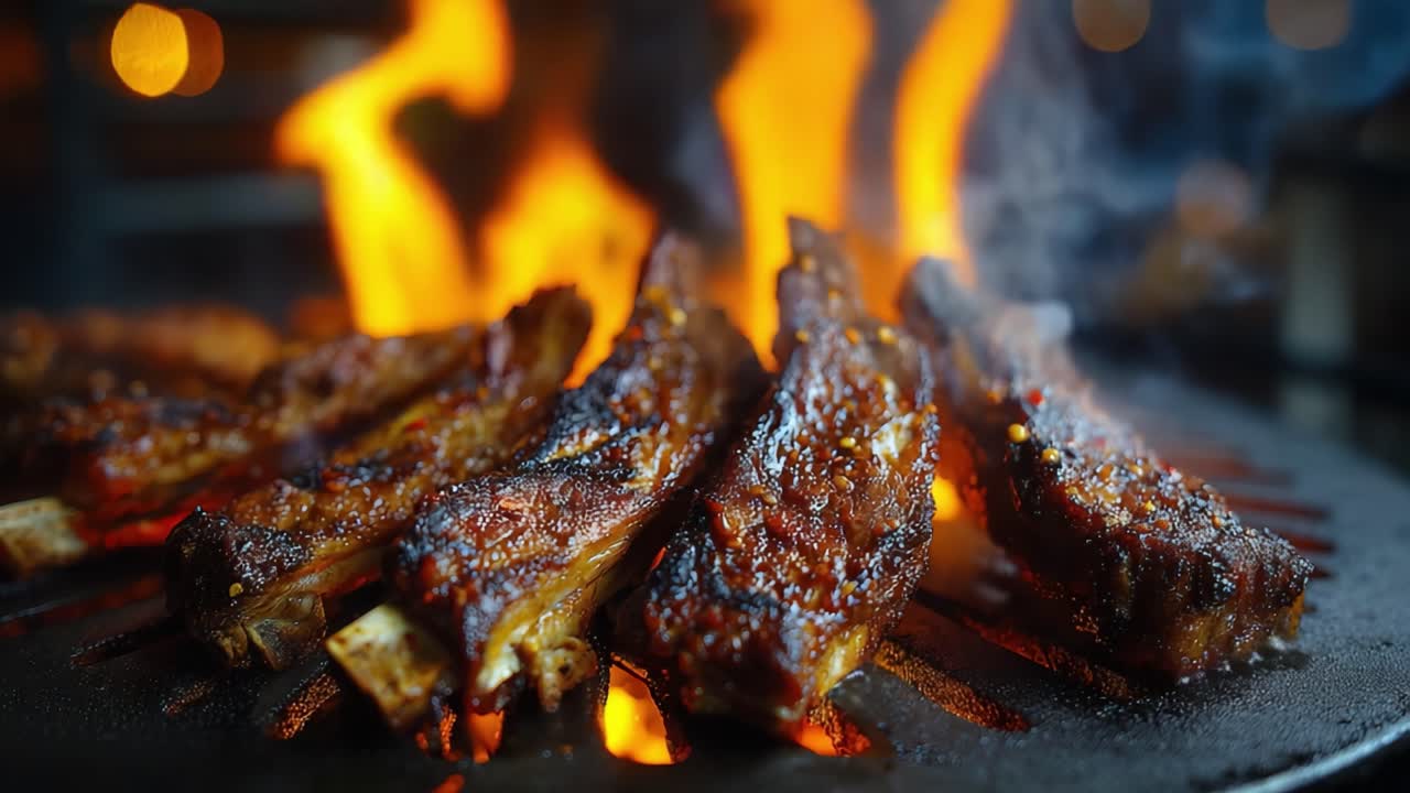 Costine di maiale alla brace sfrigolanti che cuociono su una fiamma ardente, catturando l'aroma irresistibile e la consistenza carbonizzata in un primo piano deliziosamente invitante
