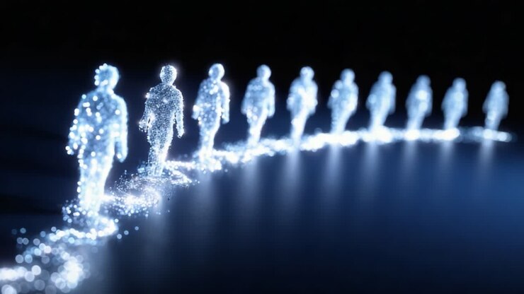 A mesmerizing journey through time, showcasing a sequence of luminous figures symbolizing progress, movement, and the passage of life in digital form