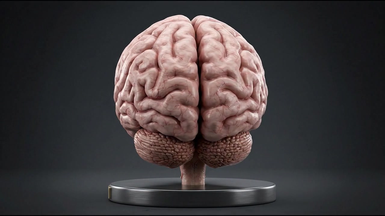 Realistic human brain model isolated against dark studio background for medical study