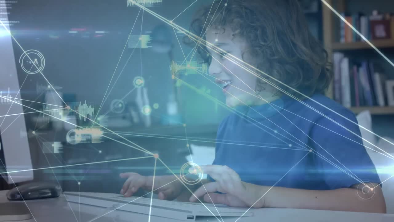 red de conexiones y procesamiento de datos contra un niño caucásico que usa computadora