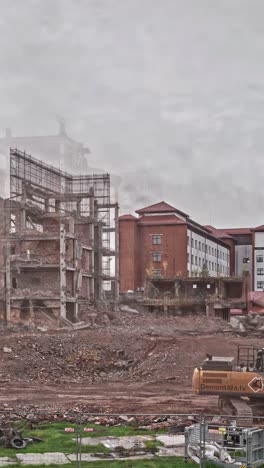 a dramatic timelapse shows the complete demolition and deconstruction of an old apartment building, turning the structure into a pile of concrete rubble and rebar to make way for urban renewal