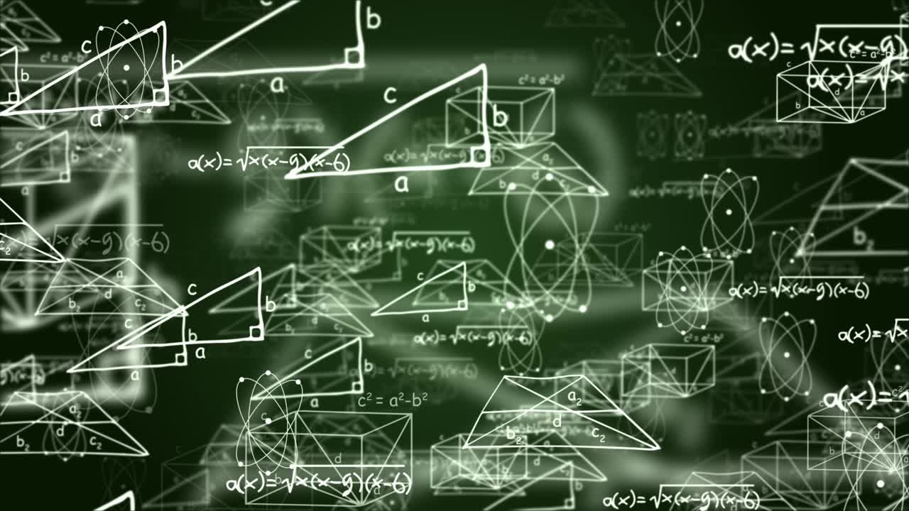 animación en bucle de 4k de fórmulas matemáticas blancas y dibujos geométricos en la pizarra.