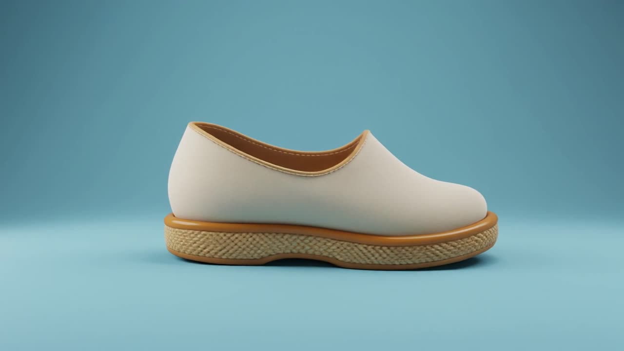 Beige sko med flettet sål roterende på blå baggrund