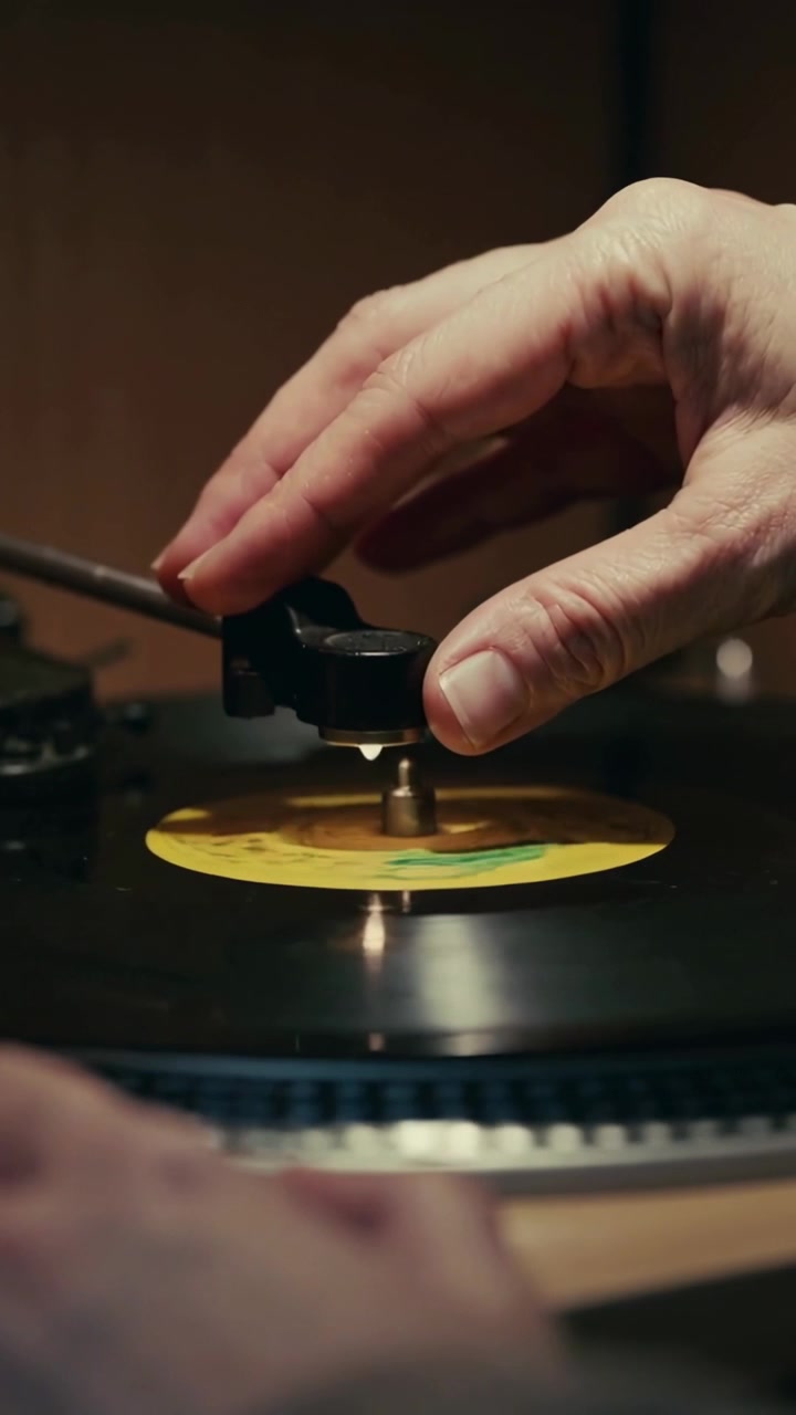 Video verticale: Vinile con etichetta gialla che gira, mano destra che posiziona la puntina sul braccio del giradischi per riprodurre.