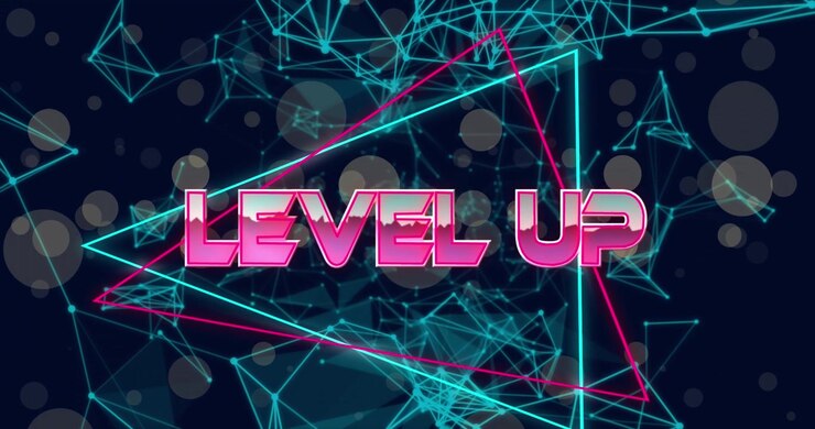 Animation of level up text banner over network of connections and spots of light on blue background