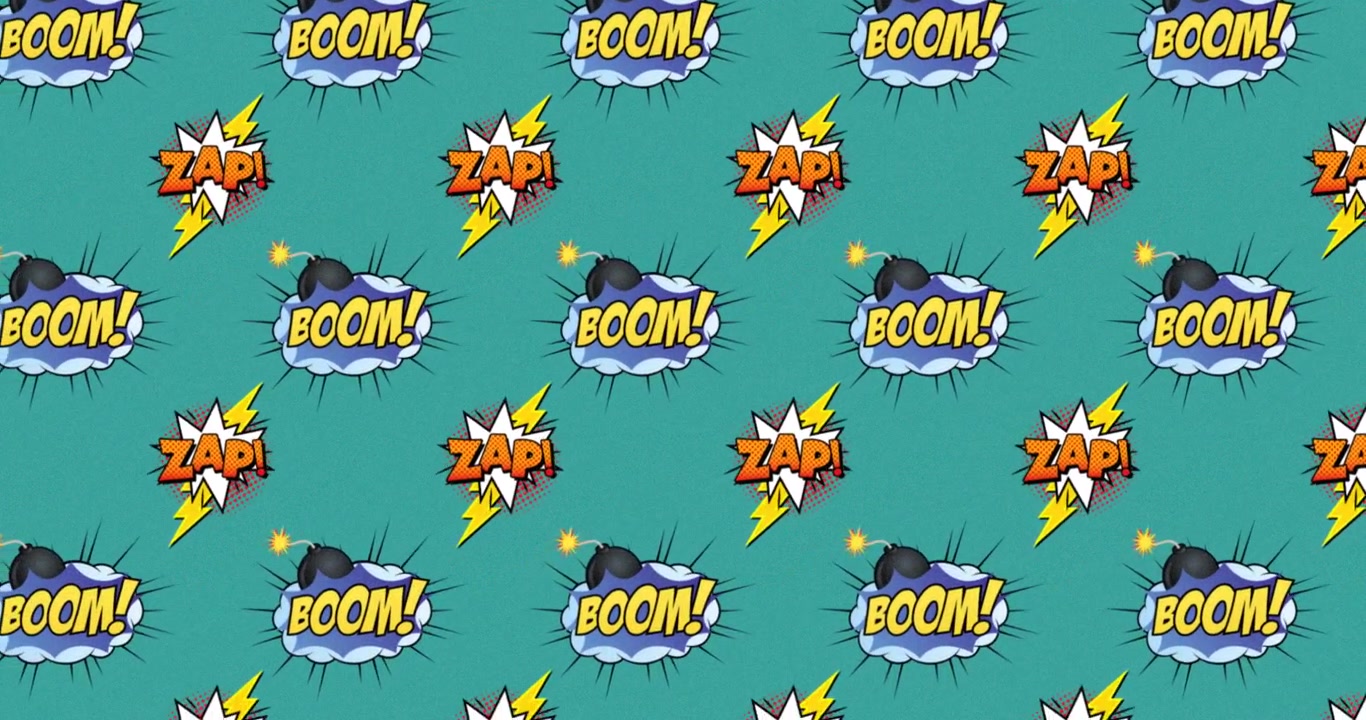 緑色の背景に「BOOM」と「ZAP」と書かれた複数の漫画の吹き出しのアニメーション。