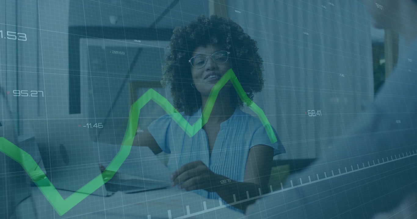 Curly-haired woman reviewing while holding paper and activating line chart for financial analysis