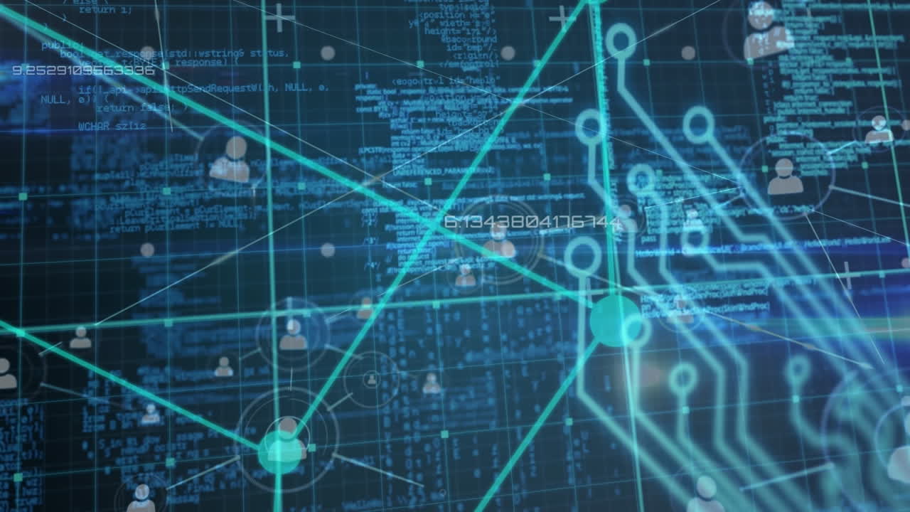 Animation of digital screen with diverse data, cube, integrated circuit and connections