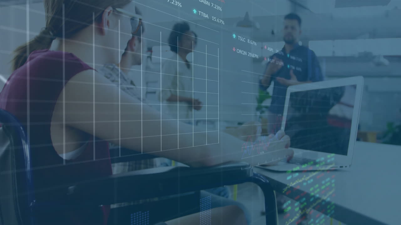 Financial data and stock market animation over business meeting in modern office