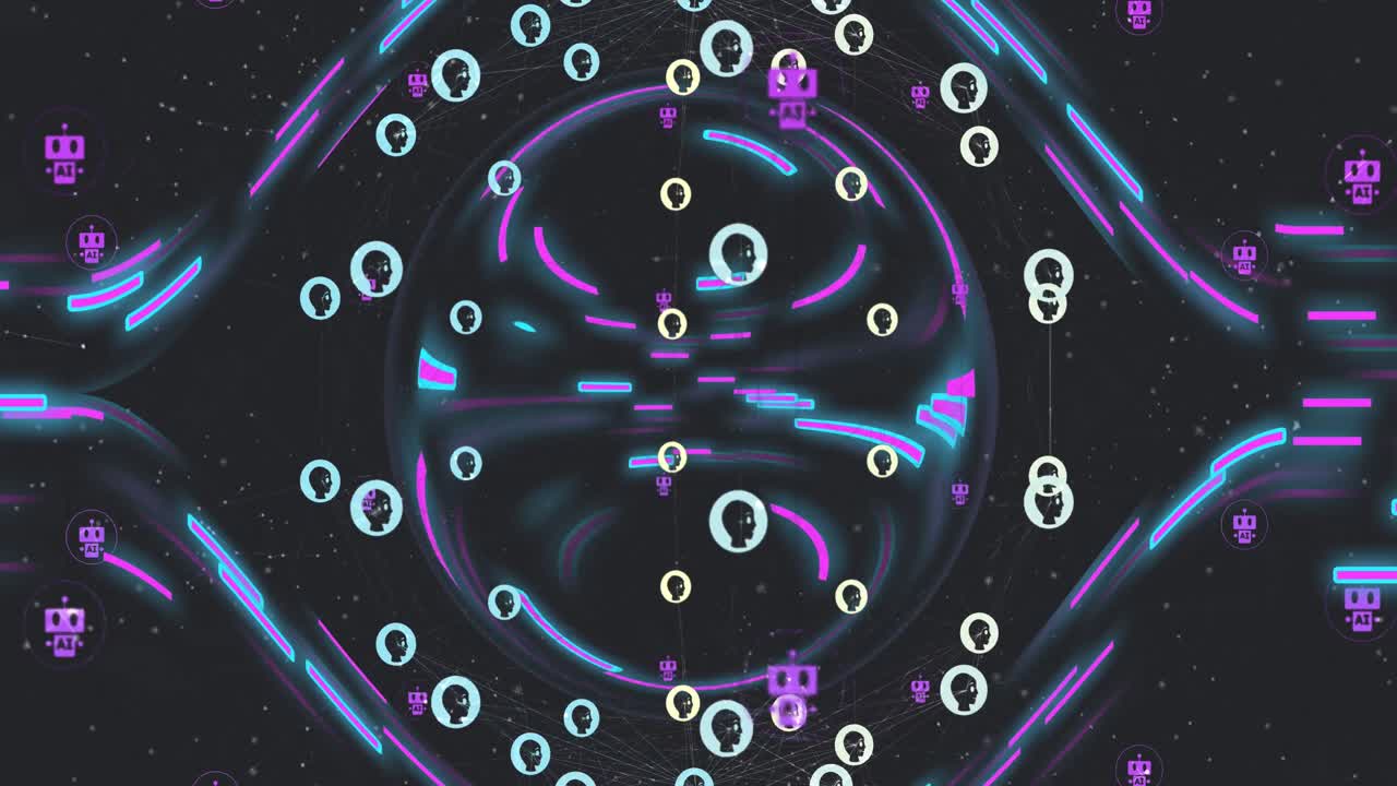 데이터 처리, 채팅 아이콘 및 라이트 트레일의 연결 네트워크의 애니메이션