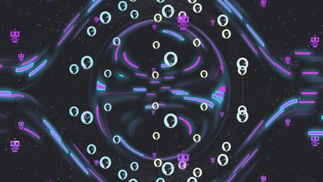 animación de un procesamiento de datos, iconos de chat y red de conexiones en senderos de luz