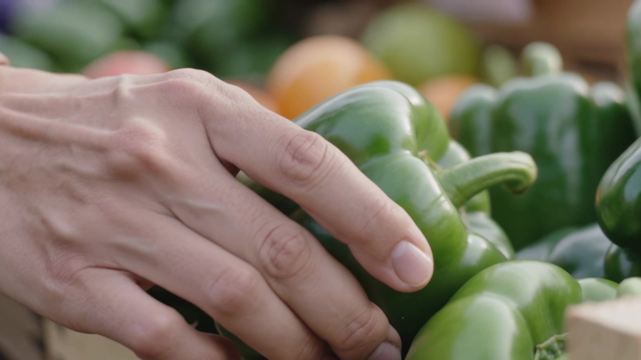 Reaching right hand entering from left selecting green bell pepper at wooden crate, inspecting stem